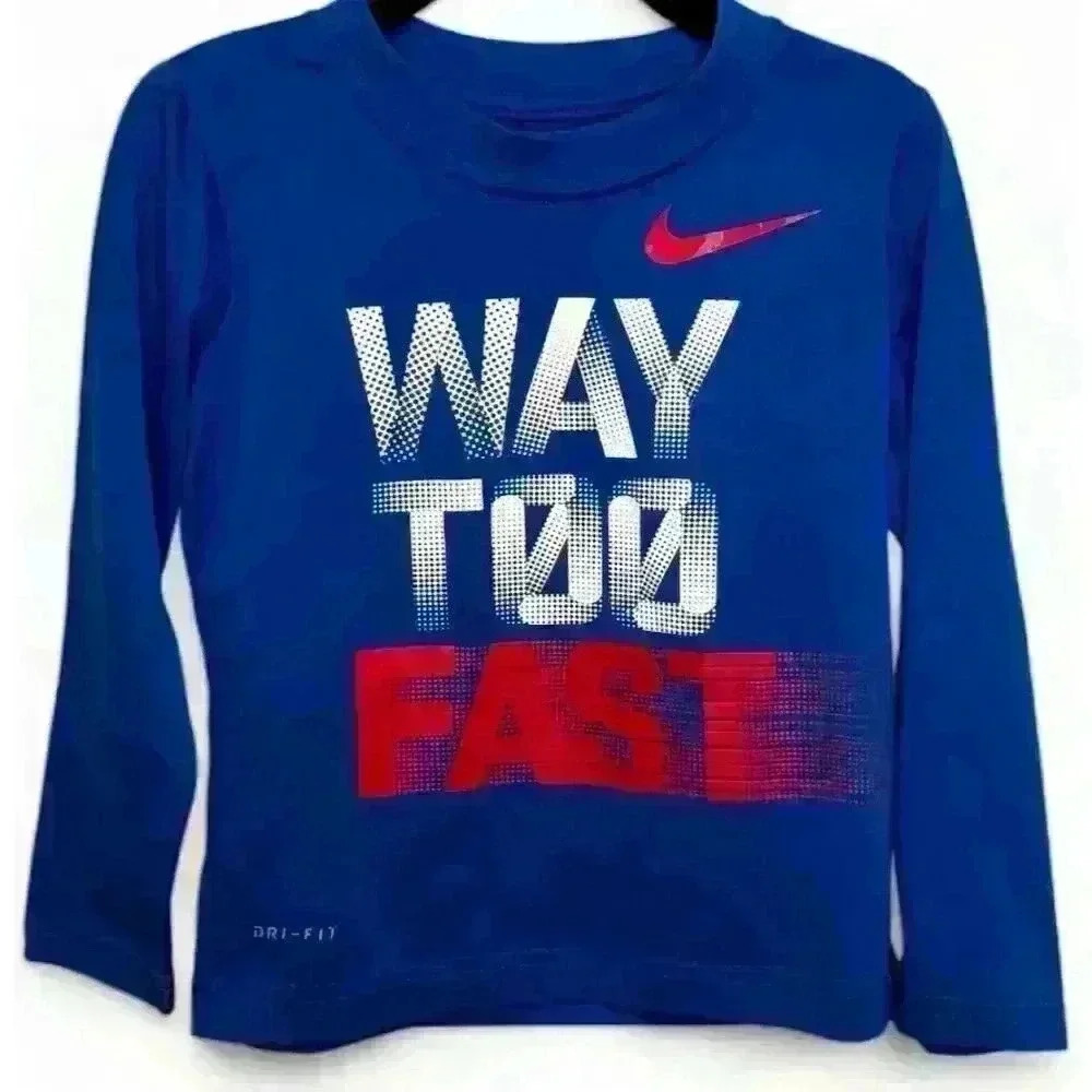 Nike Boys' Blue Long Sleeve Tee with Red and White Graphic